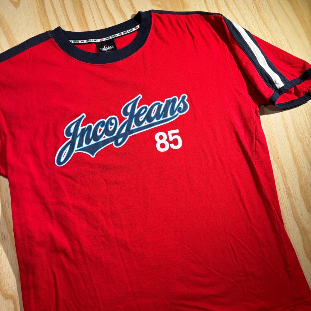 JNCO Jeans 85 Mens Ringer T-Shirt Red Navy Skater Streetwear Graphic Tee Large
